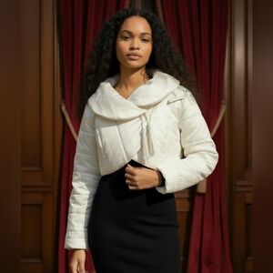 Cropped‎ Cream Puffer Jacket | Y2K Après Ski Glam Tassel Collar Statement Coat